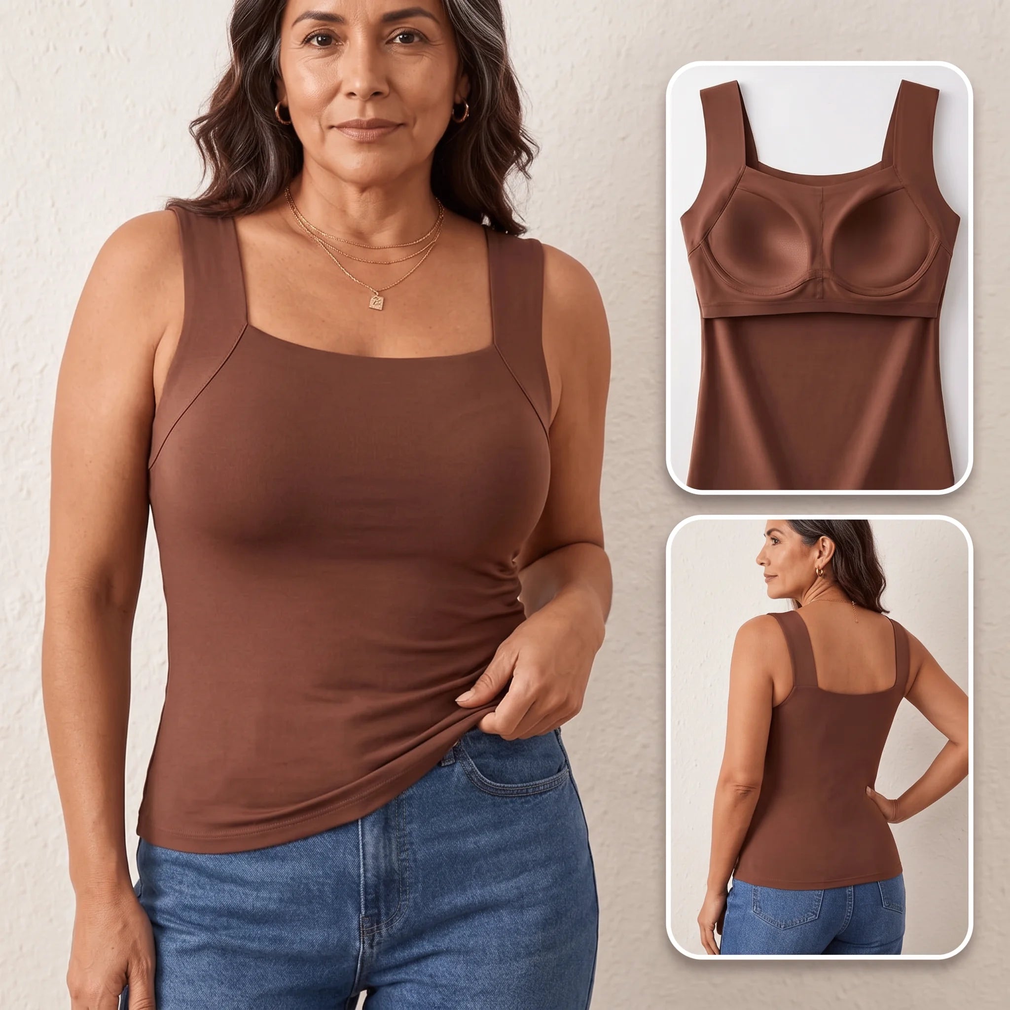Blusa VivaCuerpo con brasier integrado: vista frontal, copas cosidas por dentro y vista de espalda lisa