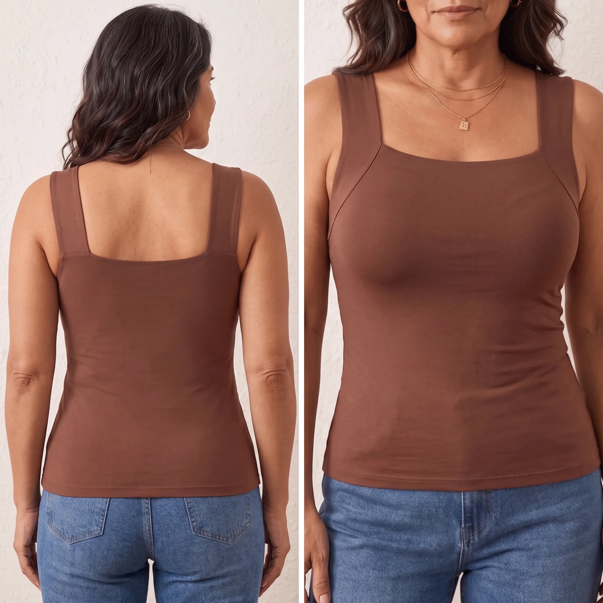 Blusa VivaCuerpo café: espalda lisa sin marcas y vista frontal con el busto sostenido