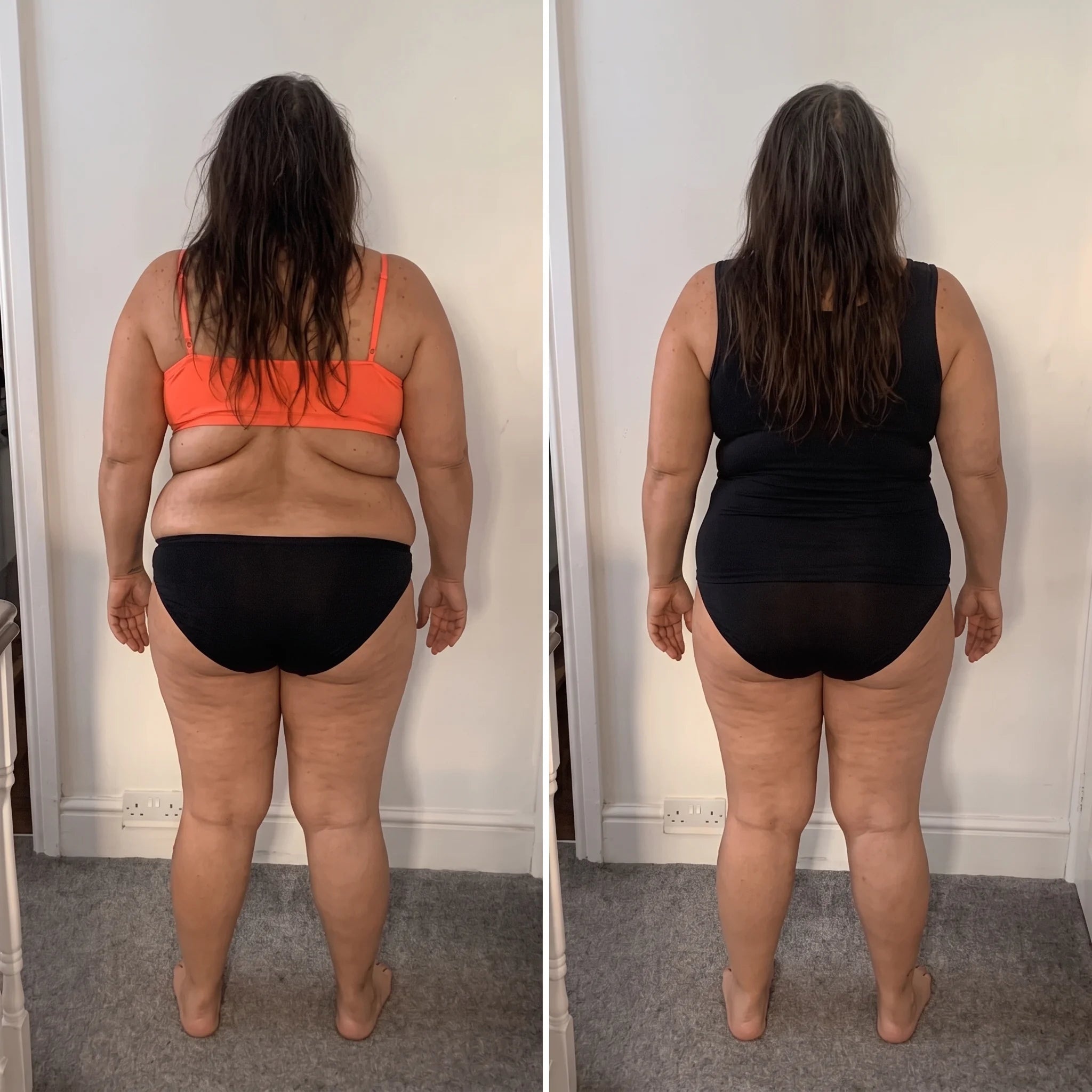 Antes y después: espalda con rollitos marcados por el brasier, luego espalda lisa con la blusa VivaCuerpo
