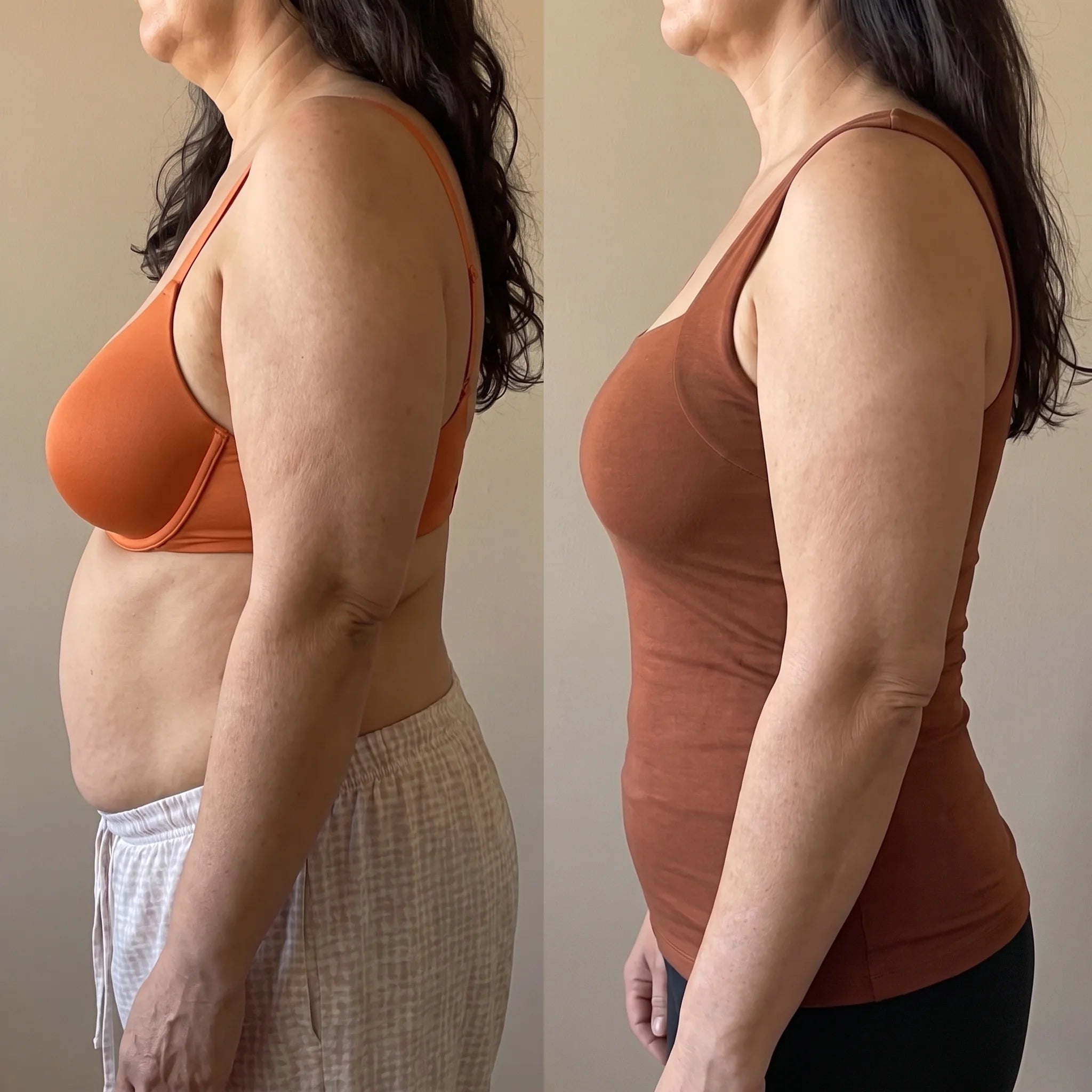 Antes y después de perfil: busto caído con brasier viejo, luego busto levantado con la blusa VivaCuerpo