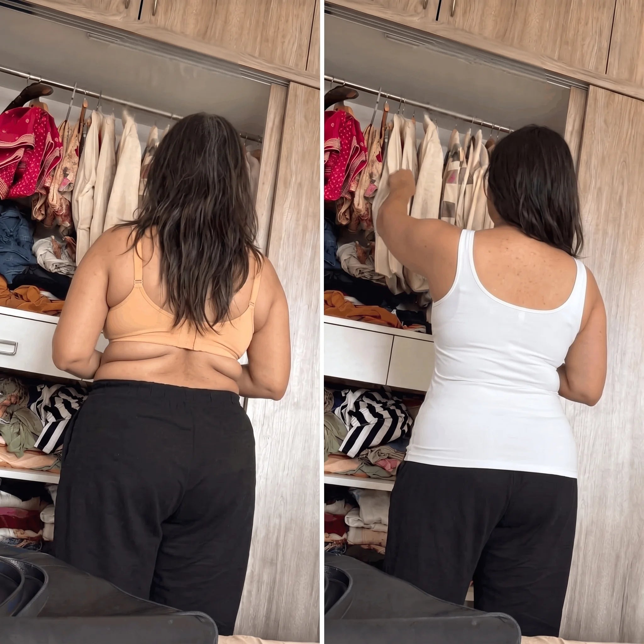 Antes y después alcanzando el clóset: espalda marcada por el brasier, luego espalda lisa con la blusa blanca VivaCuerpo